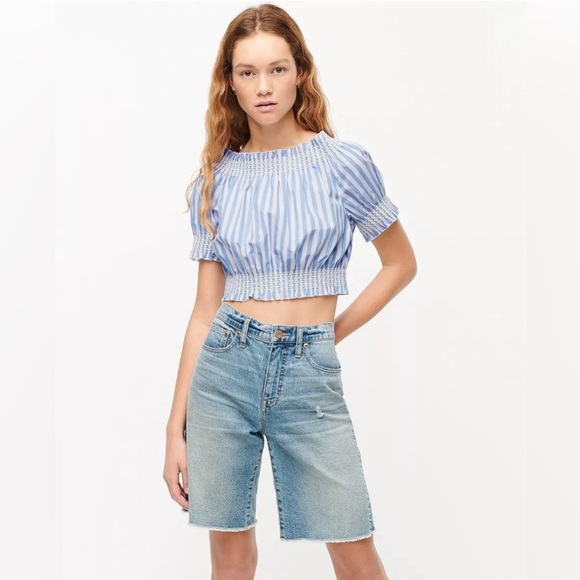 J. Crew | Puff Sleeve Smocked Top Blue and White Stripes Cropped Large - Picture 1 of 8